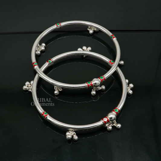 925 sterling silver handmade amazing foot ankle plain bracelet kada with hanging noisy bells, belly dance jewelry from Rajasthan nsfk59 - TRIBAL ORNAMENTS