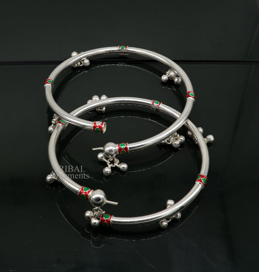 925 sterling silver handmade amazing foot ankle plain bracelet kada with hanging noisy bells, belly dance jewelry from Rajasthan nsfk59 - TRIBAL ORNAMENTS