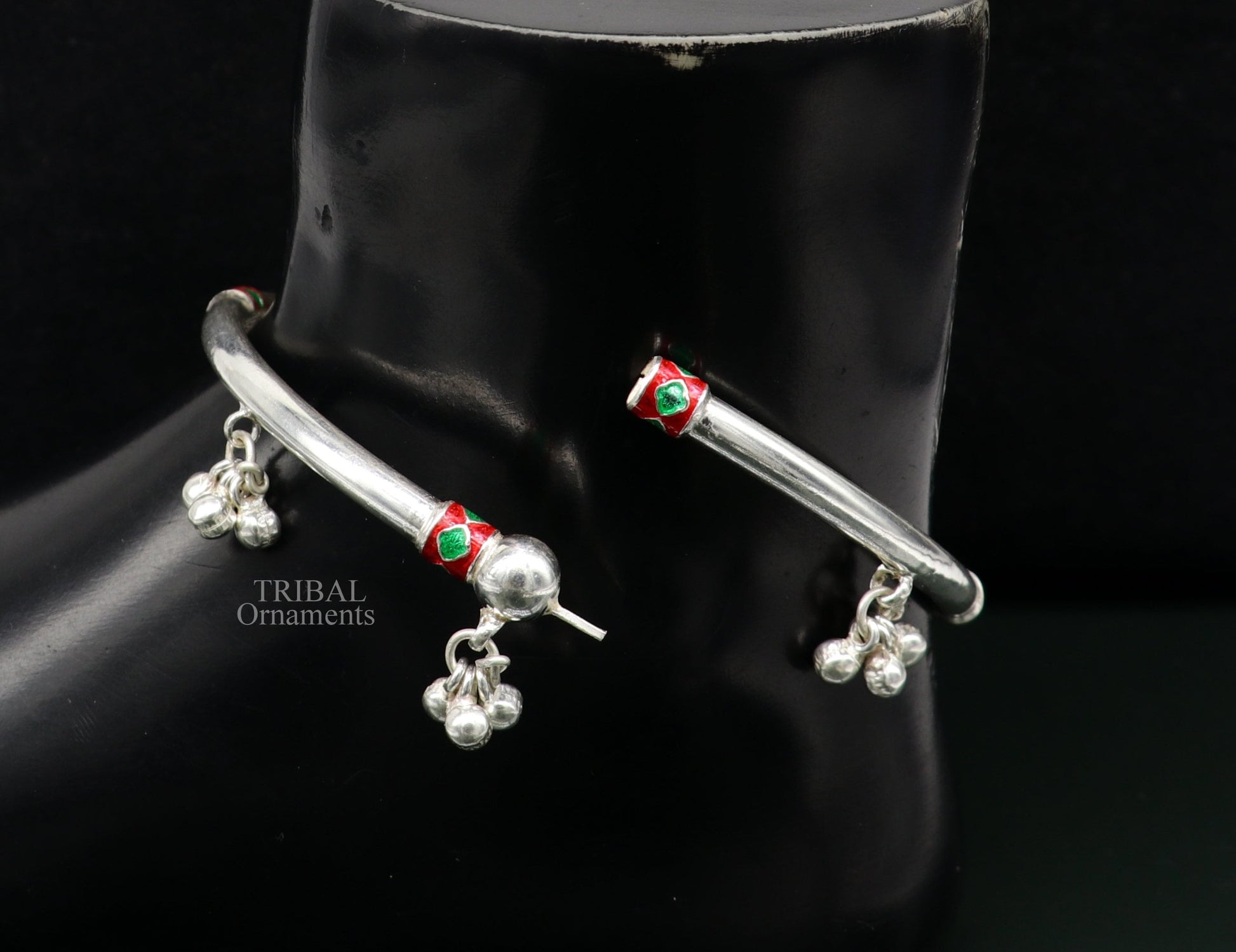 925 sterling silver handmade amazing foot ankle plain bracelet kada with hanging noisy bells, belly dance jewelry from Rajasthan nsfk59 - TRIBAL ORNAMENTS