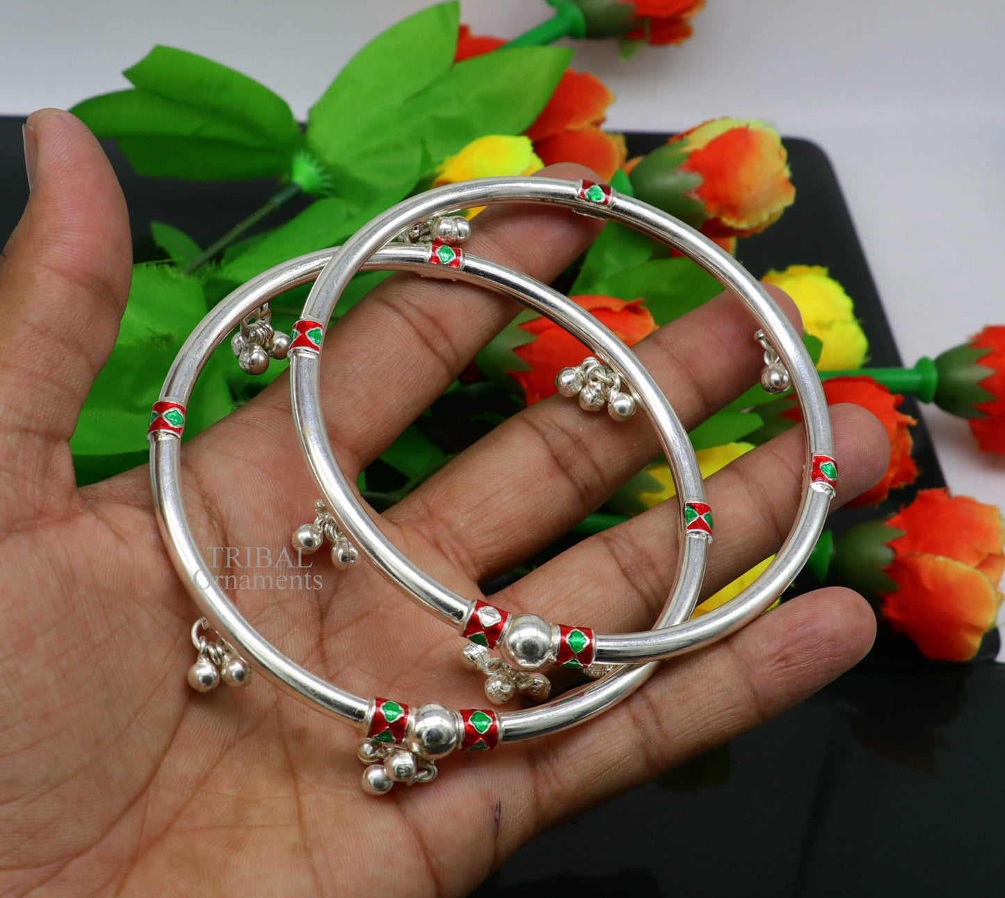 925 sterling silver handmade amazing foot ankle plain bracelet kada with hanging noisy bells, belly dance jewelry from Rajasthan nsfk59 - TRIBAL ORNAMENTS