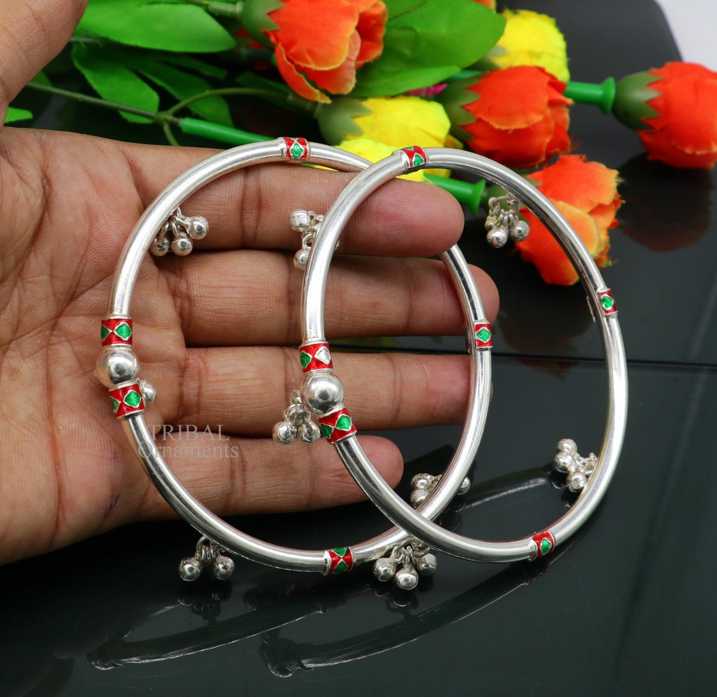 925 sterling silver handmade amazing foot ankle plain bracelet kada with hanging noisy bells, belly dance jewelry from Rajasthan nsfk59 - TRIBAL ORNAMENTS