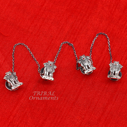 Sterling silver handmade Indian Satyamev Jayate design buttons for men's kurta, featuring national symbol, by TRIBAL ORNAMENTS.