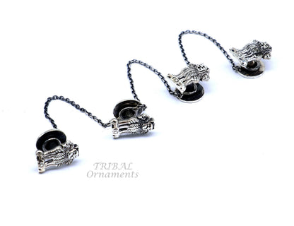 Sterling silver handmade Indian Satyamev Jayate design buttons for men's kurta by TRIBAL ORNAMENTS, traditional and elegant accessory.
