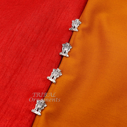 Sterling silver handmade Indian Satyamev Jayate buttons for men's kurta, featuring national symbol design by TRIBAL ORNAMENTS.