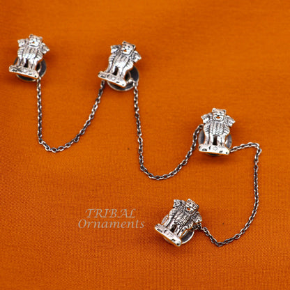 925 Sterling silver handmade Indian Satyamev Jayate symbol buttons for men's kurta, tribal ornaments design, ideal for gifting.