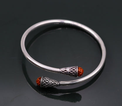 Unisex 925 sterling silver Rudraksha beads bangle cuff bracelet with adjustable design, handmade Indian jewelry by Tribal Ornaments.