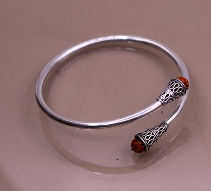 Sterling silver Rudraksha beads bangle cuff bracelet, unisex adjustable jewelry from Tribal Ornaments, featuring handmade Indian design.