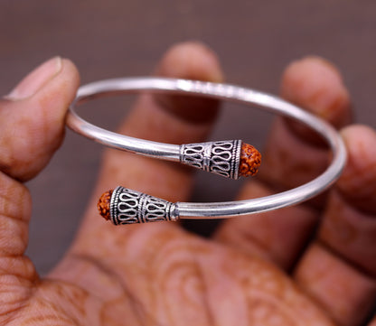 925 silver Rudraksha beads bangle cuff bracelet, unisex adjustable jewelry with handmade tribal design from India.