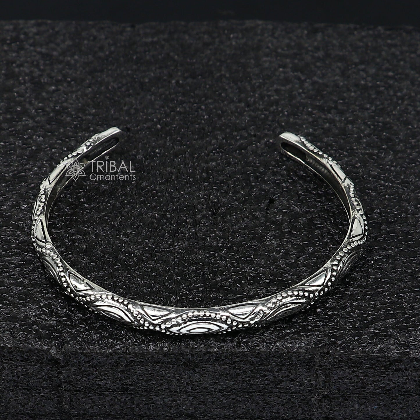 Sterling silver modern cuff bracelet by Tribal Ornaments, stylish unisex handmade trendy kada jewelry for women and men.