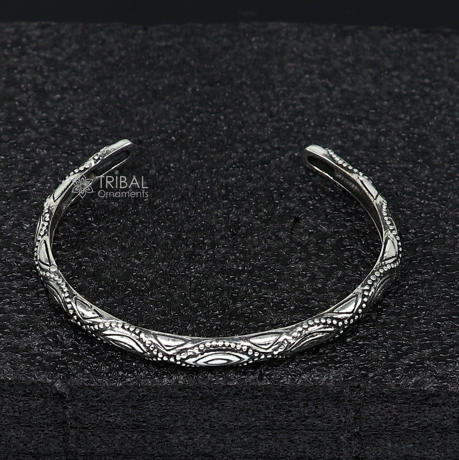 Sterling silver modern cuff bracelet by Tribal Ornaments, stylish unisex handmade trendy kada jewelry for women and men.