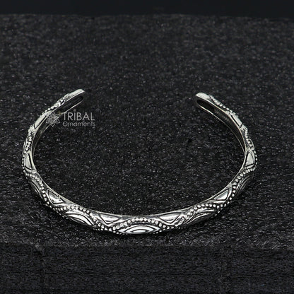 Sterling silver modern cuff bracelet by Tribal Ornaments, stylish unisex handmade trendy kada jewelry for women and men.