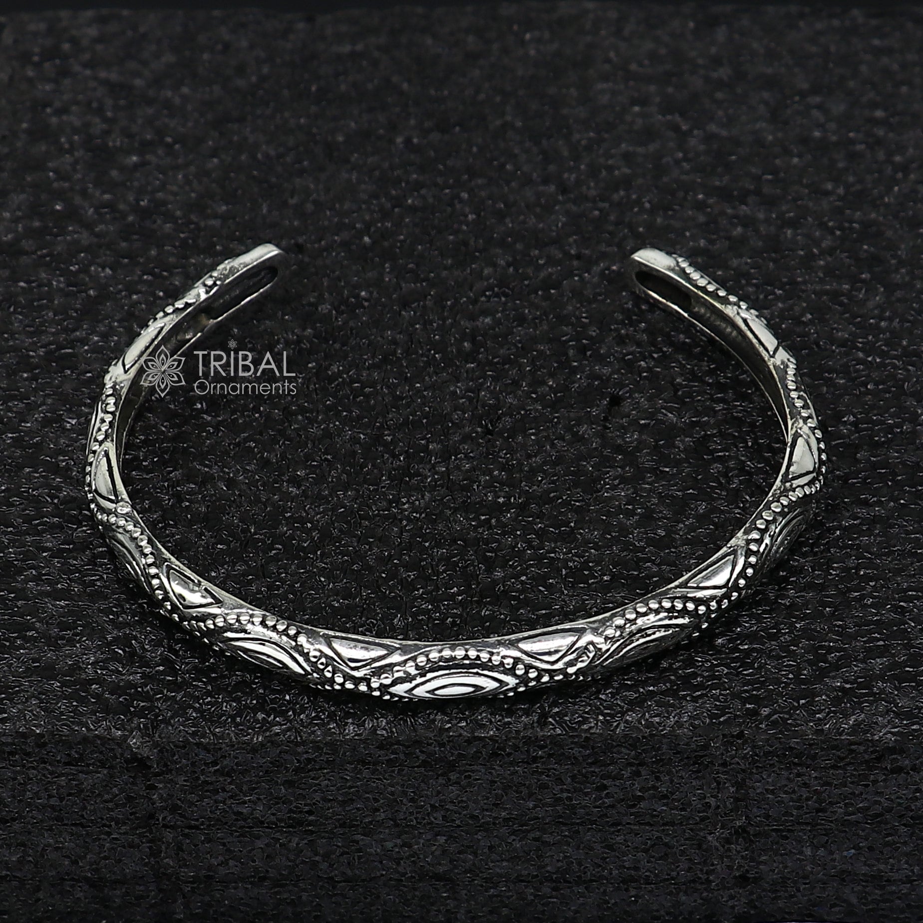 Sterling silver modern trendy cuff bracelet by TRIBAL ORNAMENTS, adjustable unisex kada jewelry with intricate design.