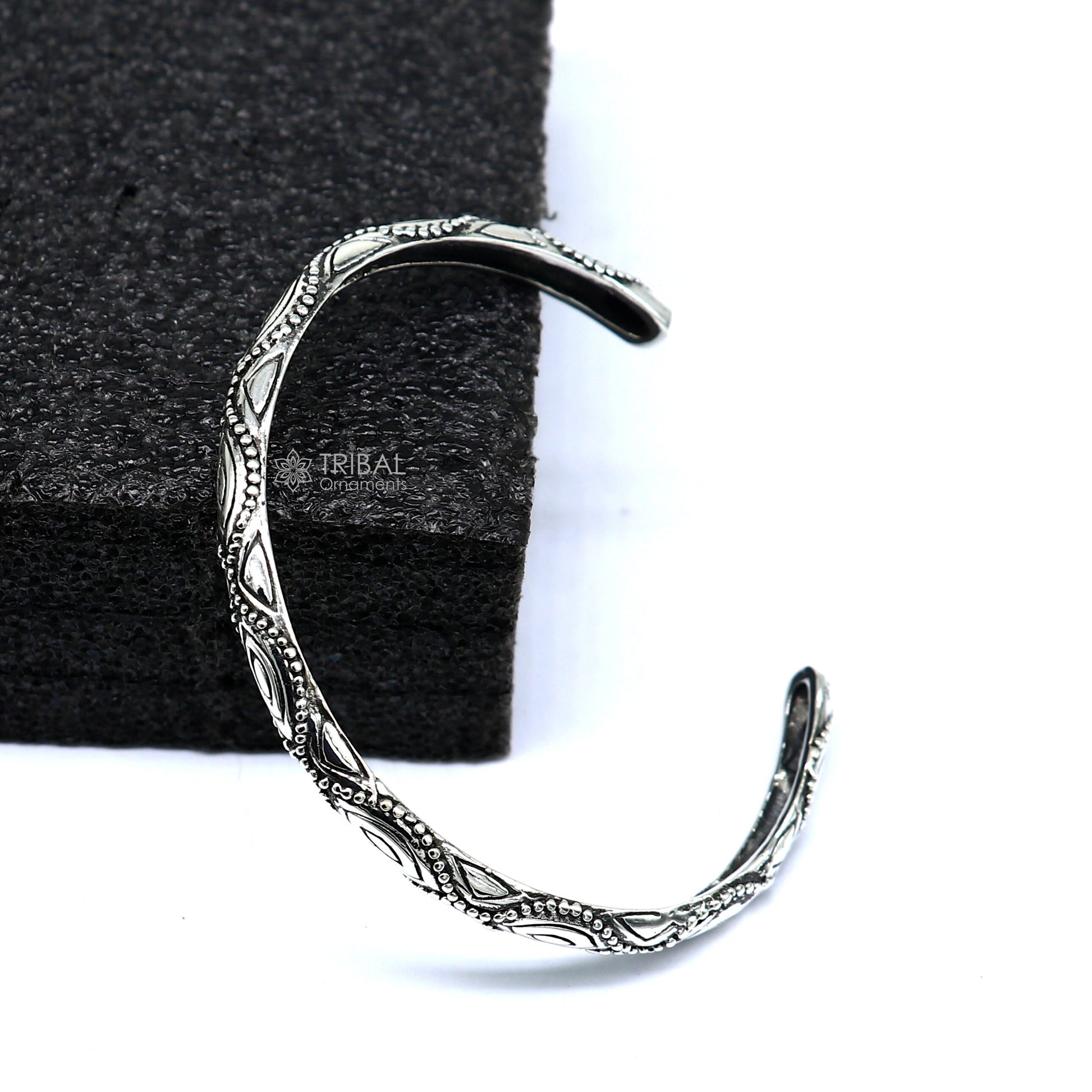 925 sterling silver modern trendy cuff kada bracelet by TRIBAL ORNAMENTS, featuring adjustable and stylish unisex jewelry design.