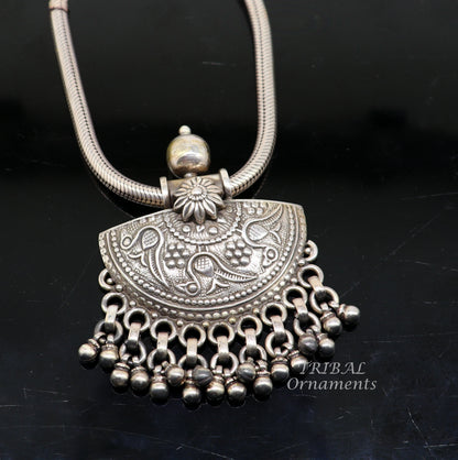 Sterling silver handmade vintage charm pendant with tribal and ethnic design, ideal for brides and tribal belly dance jewelry.
