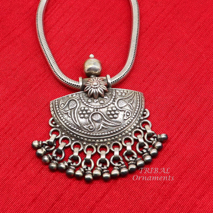 Sterling silver handmade vintage tribal charm pendant with intricate ethnic design, ideal for brides and belly dance jewelry.