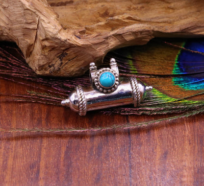 925 sterling silver amulet box pendant with vibrant blue turquoise stone, featuring a vintage tribal ethnic jewelry design.
