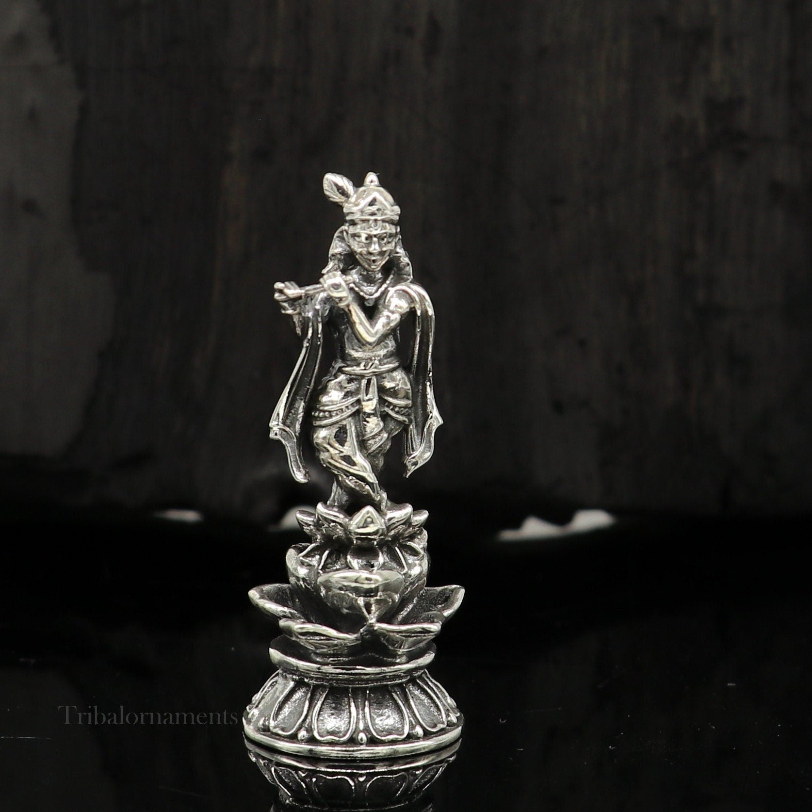 925 Sterling silver handmade antique design Idols Lord Krishna with flute standing Statue figurine, puja articles decorative gift art158 - TRIBAL ORNAMENTS