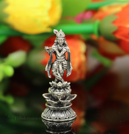 925 Sterling silver handmade antique design Idols Lord Krishna with flute standing Statue figurine, puja articles decorative gift art158 - TRIBAL ORNAMENTS
