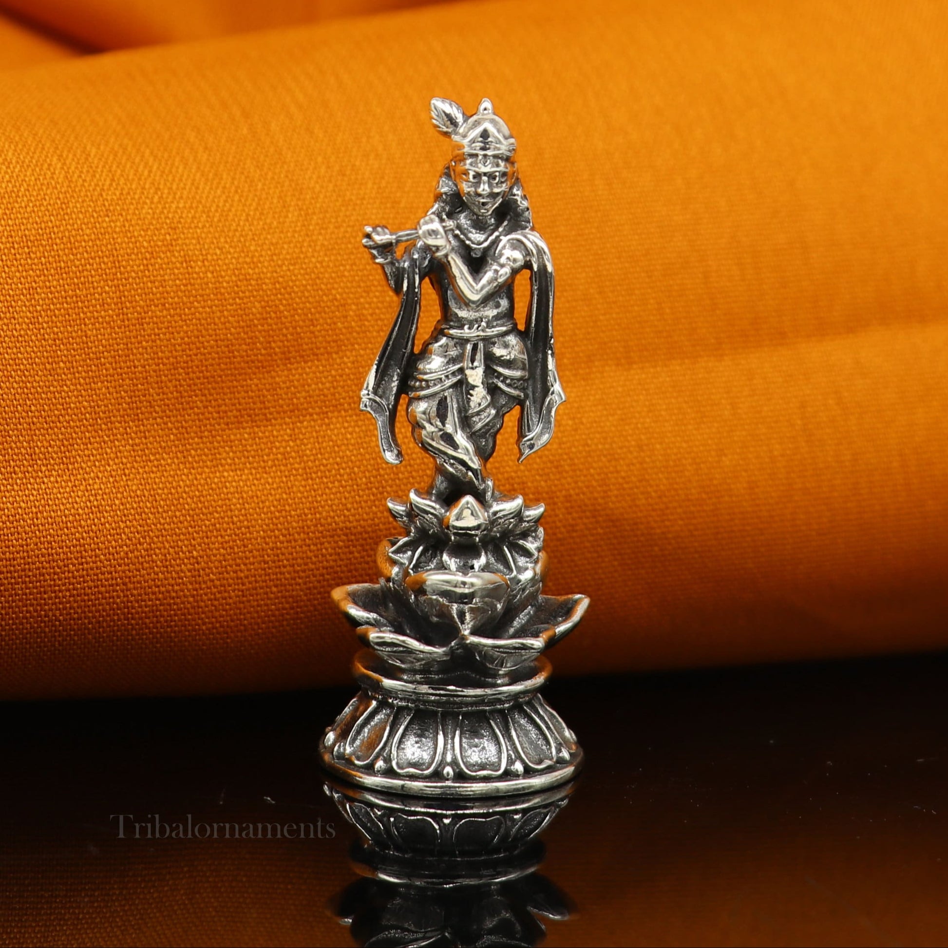 925 Sterling silver handmade antique design Idols Lord Krishna with flute standing Statue figurine, puja articles decorative gift art158 - TRIBAL ORNAMENTS