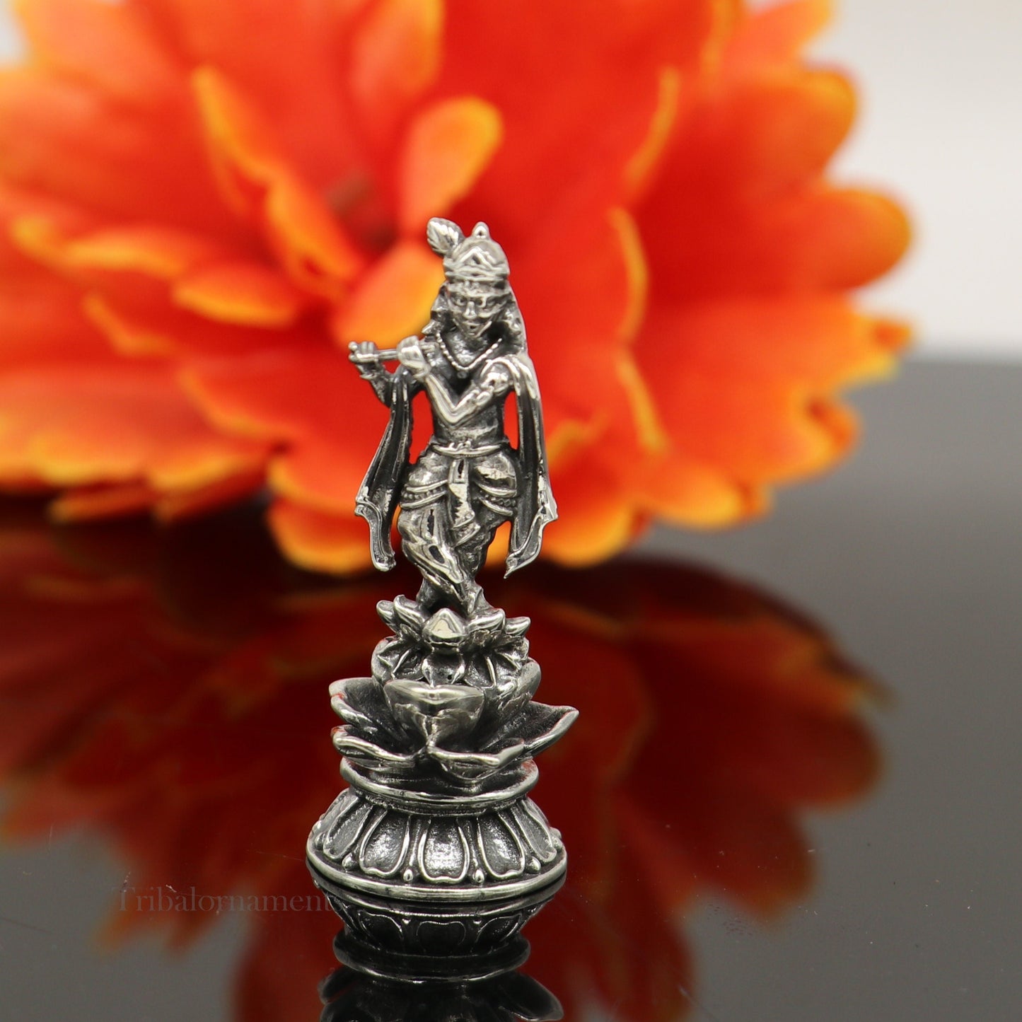 925 Sterling silver handmade antique design Idols Lord Krishna with flute standing Statue figurine, puja articles decorative gift art158 - TRIBAL ORNAMENTS