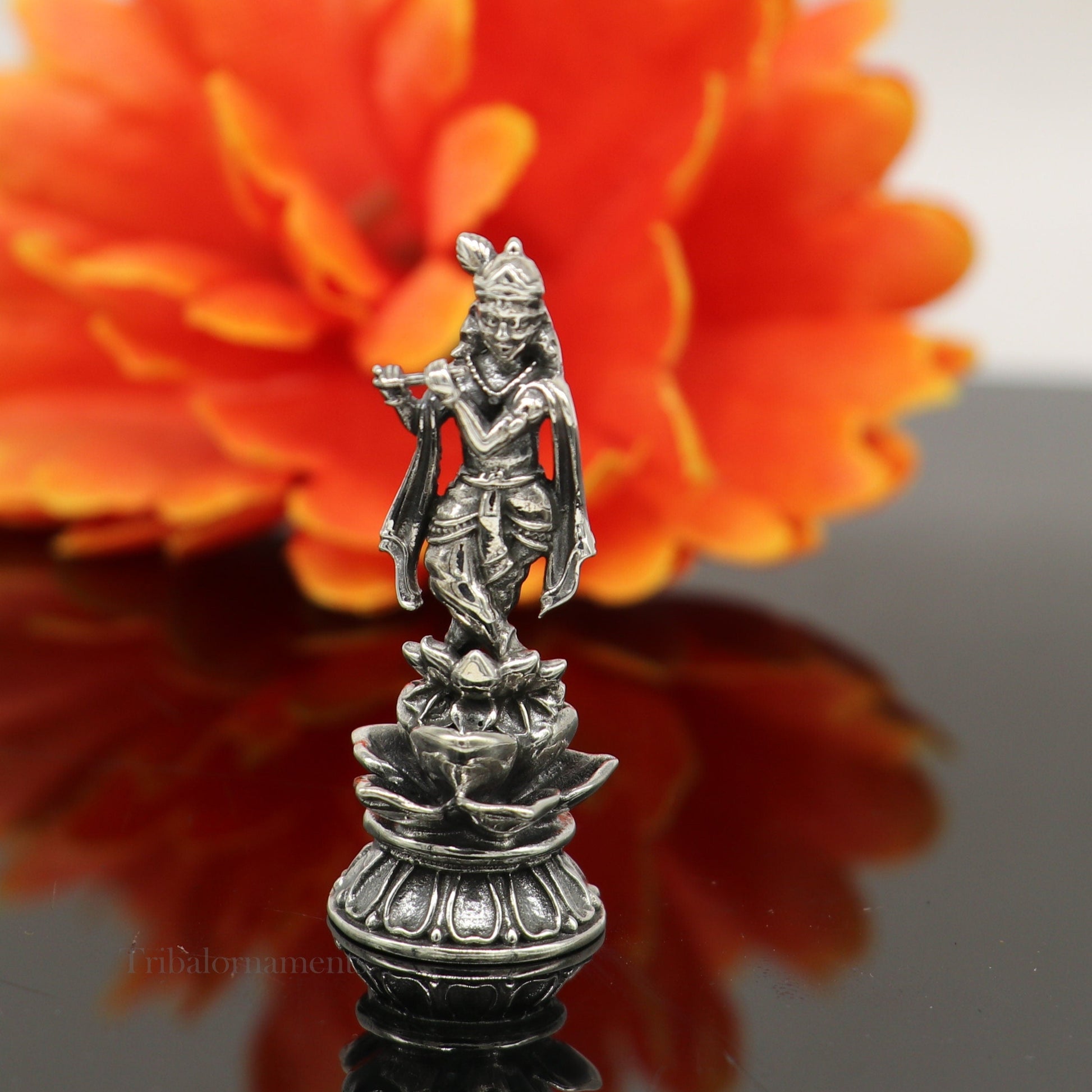 925 Sterling silver handmade antique design Idols Lord Krishna with flute standing Statue figurine, puja articles decorative gift art158 - TRIBAL ORNAMENTS