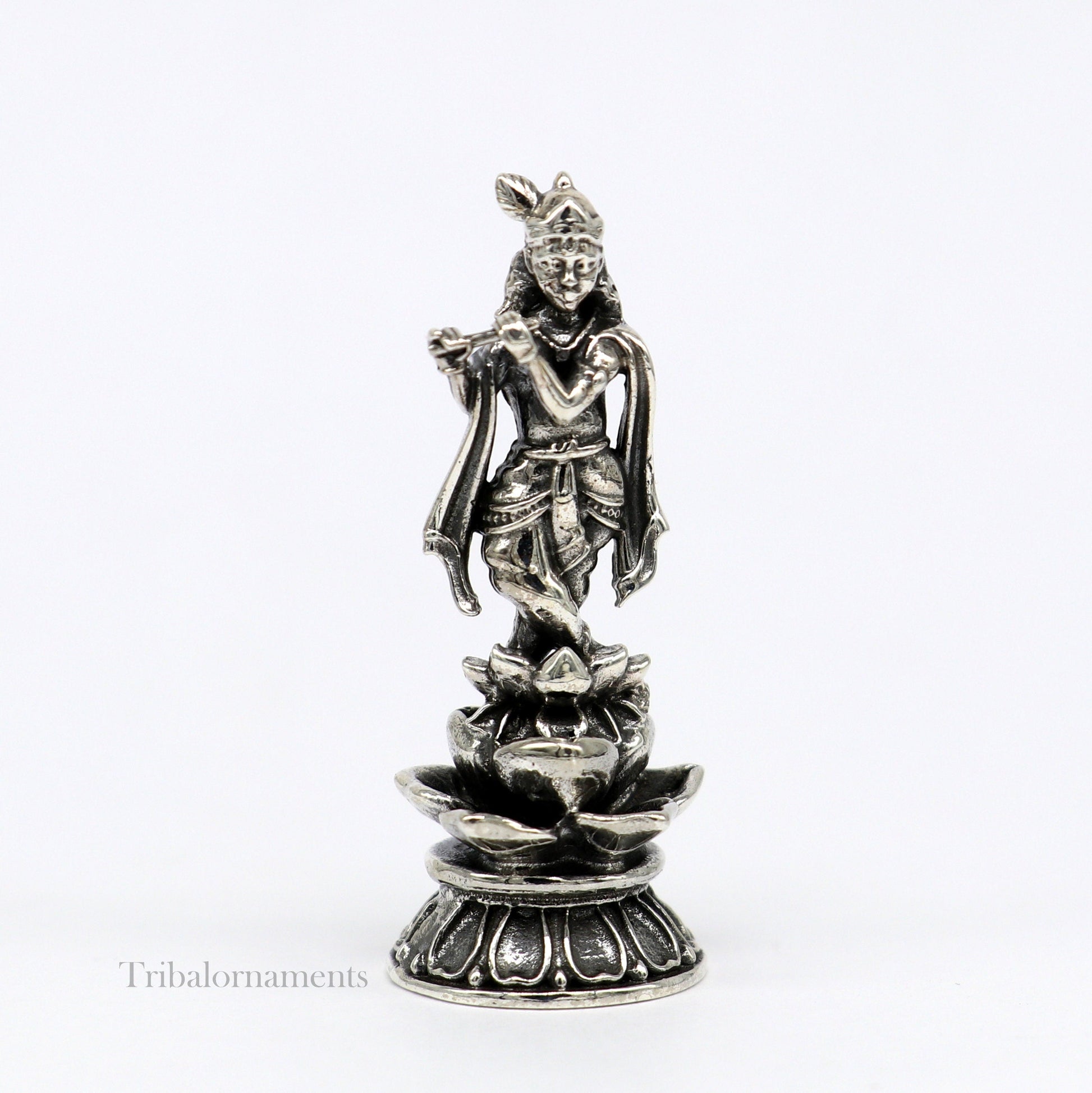 925 Sterling silver handmade antique design Idols Lord Krishna with flute standing Statue figurine, puja articles decorative gift art158 - TRIBAL ORNAMENTS