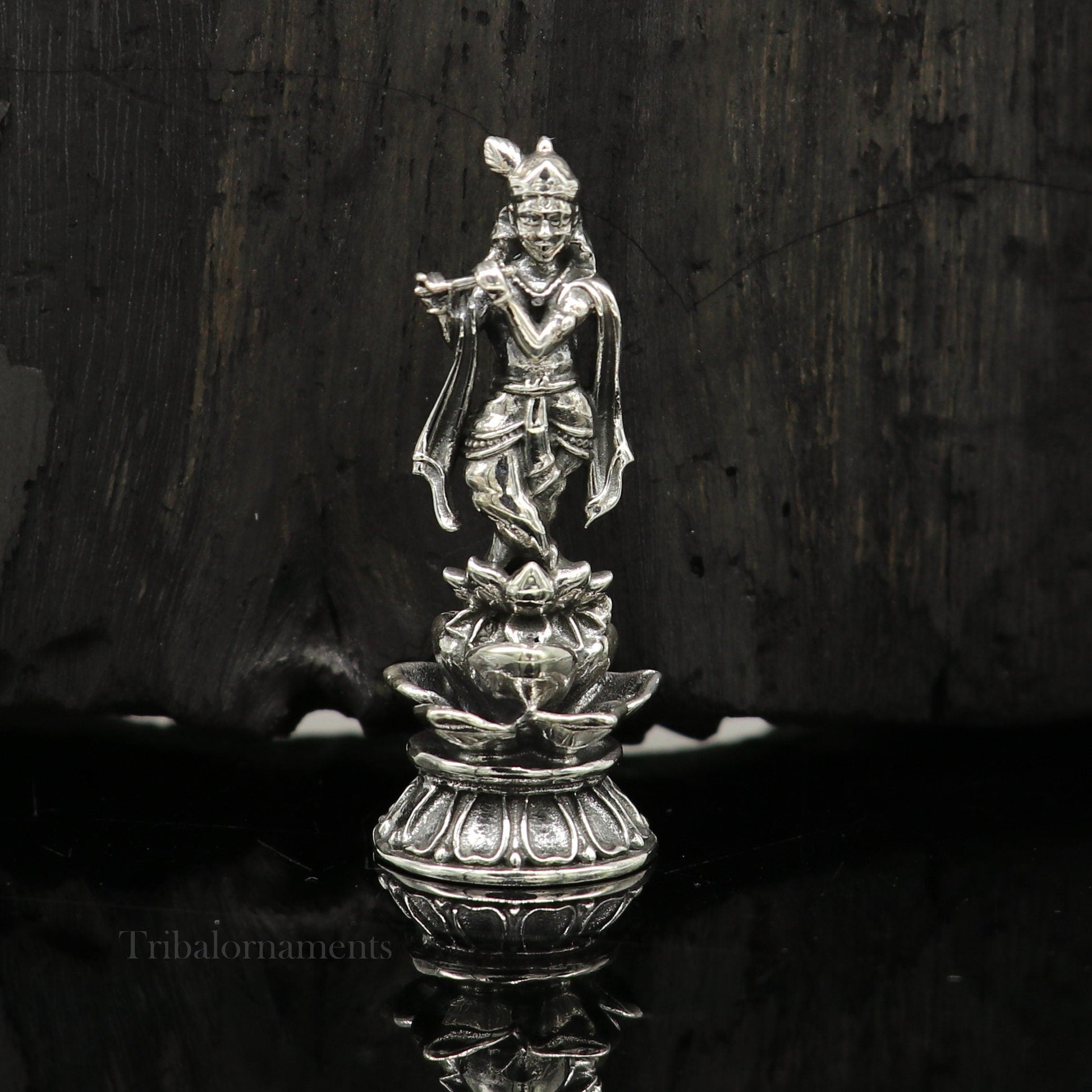925 Sterling silver handmade antique design Idols Lord Krishna with flute standing Statue figurine, puja articles decorative gift art158 - TRIBAL ORNAMENTS