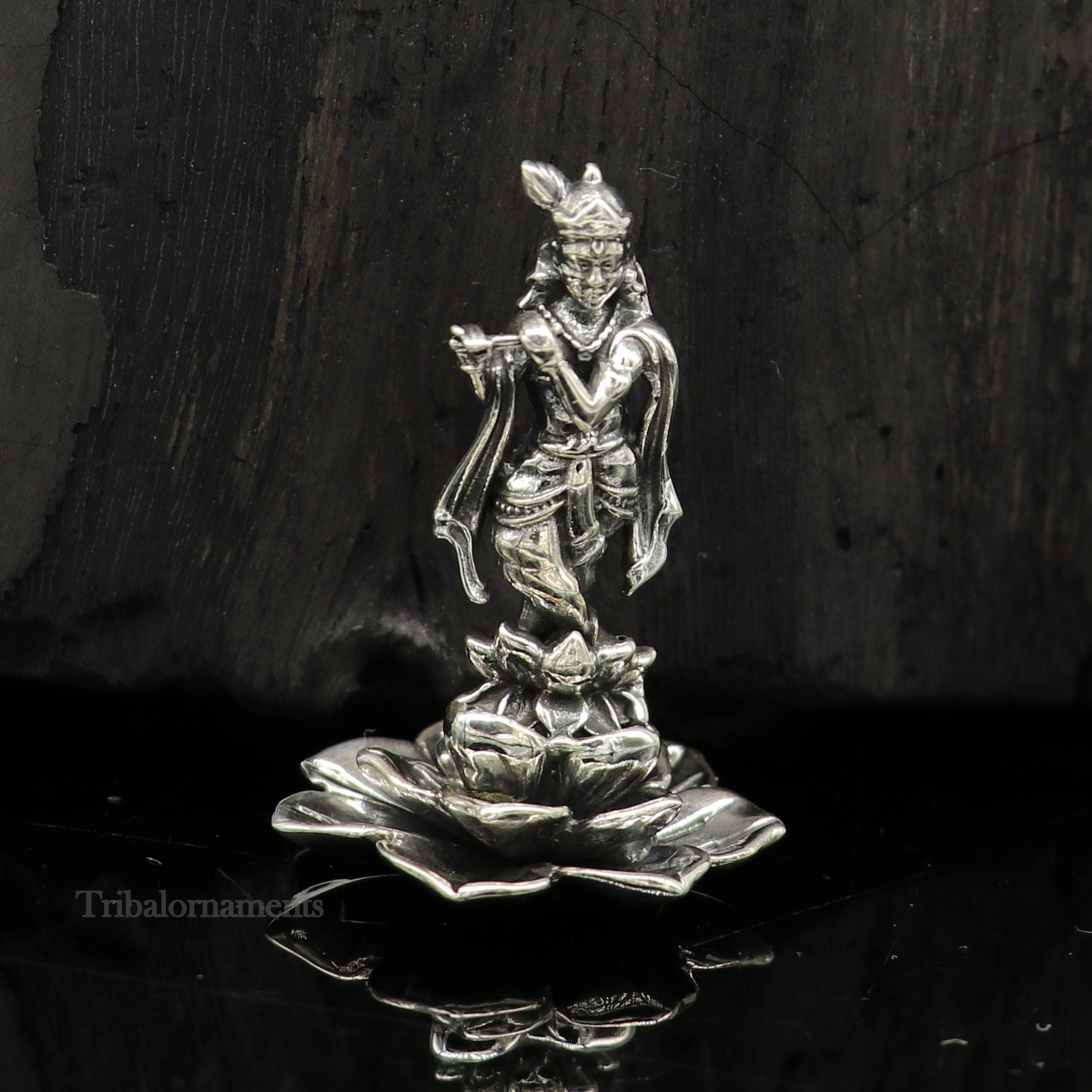 925 Sterling silver handmade antique design Idols Lord Krishna with flute standing Statue figurine, puja articles decorative gift art159 - TRIBAL ORNAMENTS