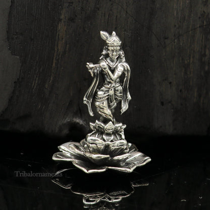 925 Sterling silver Lord Krishna idol with flute, handcrafted antique design standing statue, perfect for puja and decorative gifts