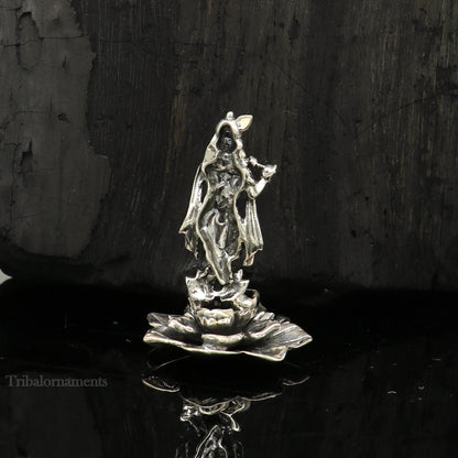 925 Sterling silver Lord Krishna idol with flute, handmade antique design, standing statue for puja and decorative gift.