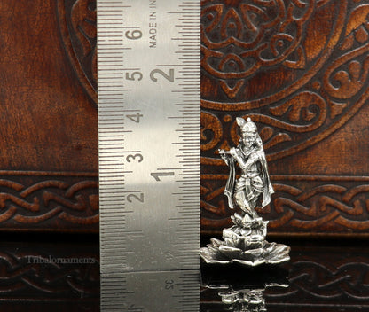 925 Sterling silver Lord Krishna idol with flute, handmade antique design standing statue for puja and decorative gift.