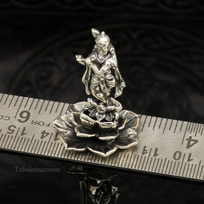 925 Sterling silver Lord Krishna idol with flute, handmade antique design, standing statue for puja, decorative gift artifact