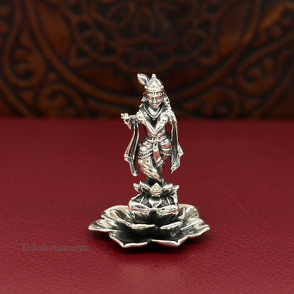 925 Sterling silver Lord Krishna idol figurine with flute, handcrafted antique design for puja and decorative purposes.