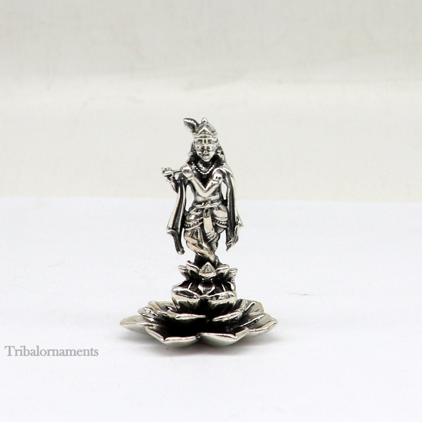 925 Sterling silver handmade antique design Idols Lord Krishna with flute standing Statue figurine, puja articles decorative gift art159 - TRIBAL ORNAMENTS