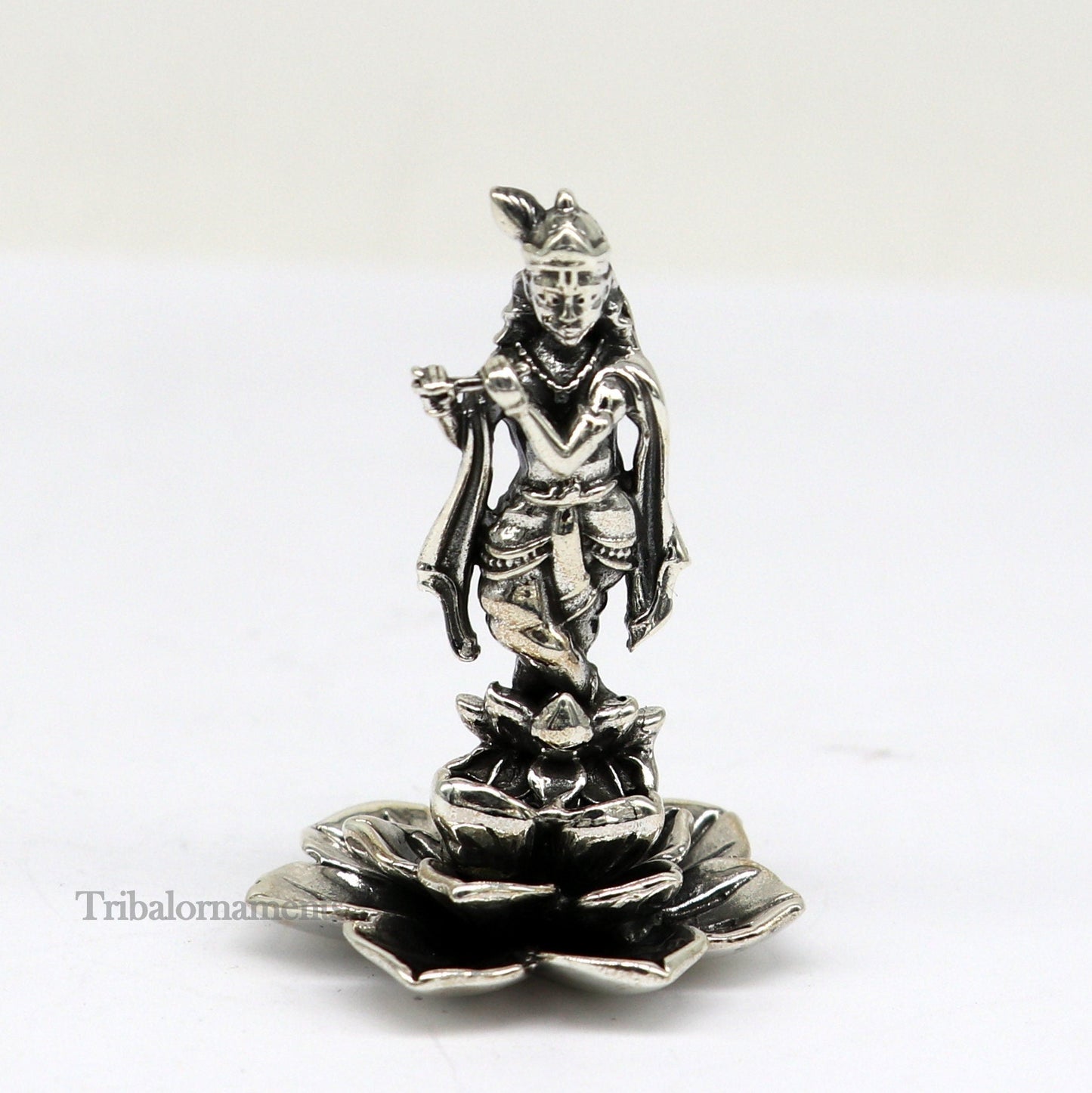 925 Sterling silver handmade antique design Idols Lord Krishna with flute standing Statue figurine, puja articles decorative gift art159 - TRIBAL ORNAMENTS