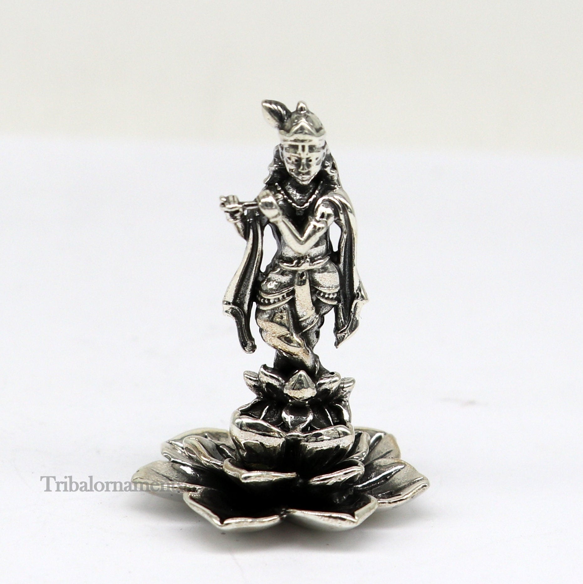 925 Sterling silver handmade antique design Idols Lord Krishna with flute standing Statue figurine, puja articles decorative gift art159 - TRIBAL ORNAMENTS