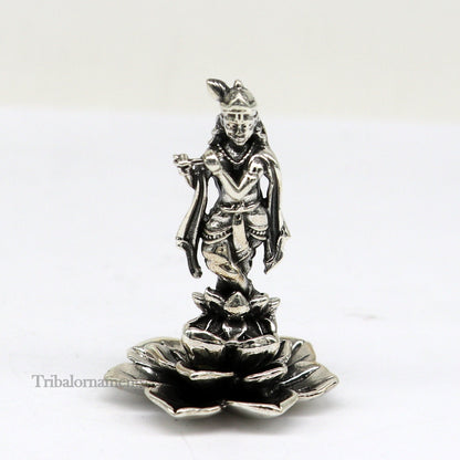 925 Sterling silver Lord Krishna standing idol with flute, antique design, detailed sculpture, perfect for puja and decorative gifting.