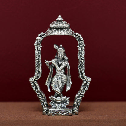 925 Sterling silver Lord Krishna idol with flute, handmade antique design standing statue for puja and decorative gifting.