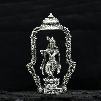 Sterling silver Lord Krishna idol with flute, handmade antique design, standing statue for puja, decorative gift by TRIBAL ORNAMENTS