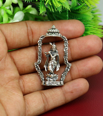 Sterling silver Lord Krishna idol with flute, handmade antique design, standing statue for puja, decorative gift by Tribal Ornaments.