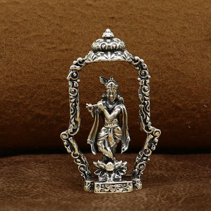 925 Sterling silver Lord Krishna idol with flute, handmade antique design, standing statue for puja, decorative gift, Tribal Ornaments