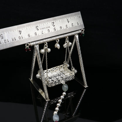 925 Sterling silver handmade Bal Gopala Krishna swing, detailed child Krishna jhula, silver laddu Gopal art, traditional Indian craft.