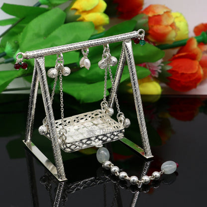 925 Sterling silver handmade Bal Gopala swing with Little Krishna and Laddu Gopal, detailed silver art of child Krishna jhula.