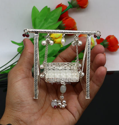 Sterling silver handmade Bal Gopala Krishna swing, detailed child Krishna jhula, traditional silver art by Tribal Ornaments