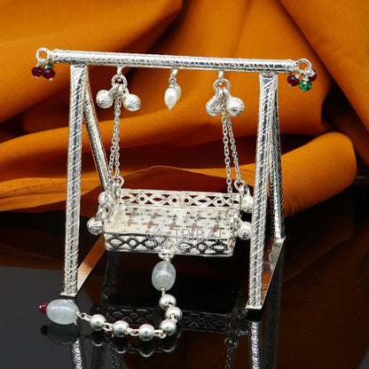 Handmade 925 silver Bal Gopala Krishna swing, detailed child Krishna jhula, silver Laddu Gopal art by Tribal Ornaments.