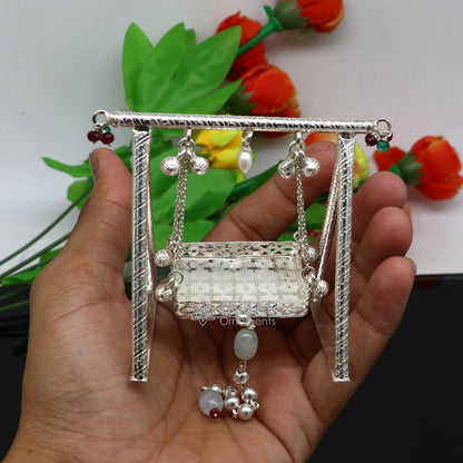 925 Sterling silver handmade Bal Gopala Krishna swing, detailed child Krishna jhula, silver laddu Gopal art by TRIBAL ORNAMENTS.