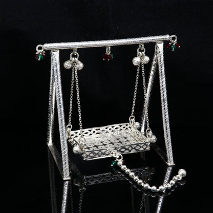 925 silver handmade Bal Gopala swing featuring Little Krishna, child Krishna Palana, intricate silver Jhula art from Tribal Ornaments