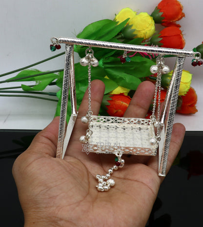 925 silver handmade Bal Gopala swing featuring Little Krishna, child Krishna Palana, and Laddu Gopal detailed in silver art.