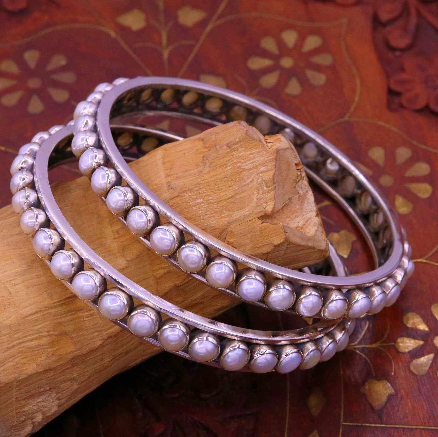 925 sterling silver handmade bangle bracelet kada, gorgeous natural pearl, amazing custom made excellent tribal bridal oxidized jewelry ba45 - TRIBAL ORNAMENTS