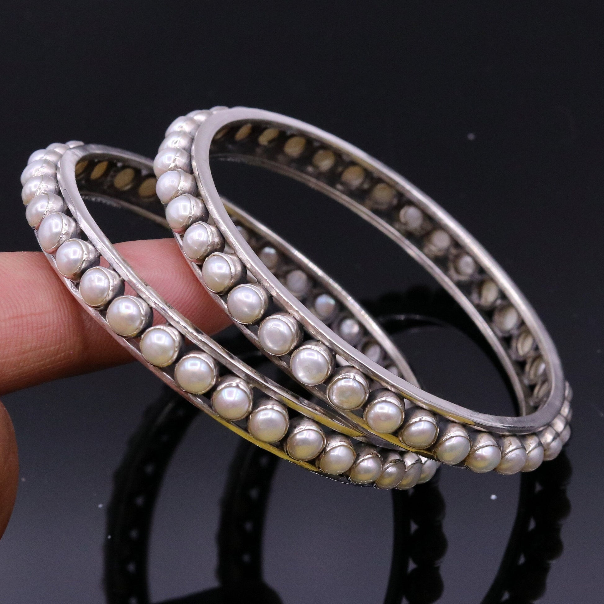 925 sterling silver handmade bangle bracelet kada, gorgeous natural pearl, amazing custom made excellent tribal bridal oxidized jewelry ba45 - TRIBAL ORNAMENTS